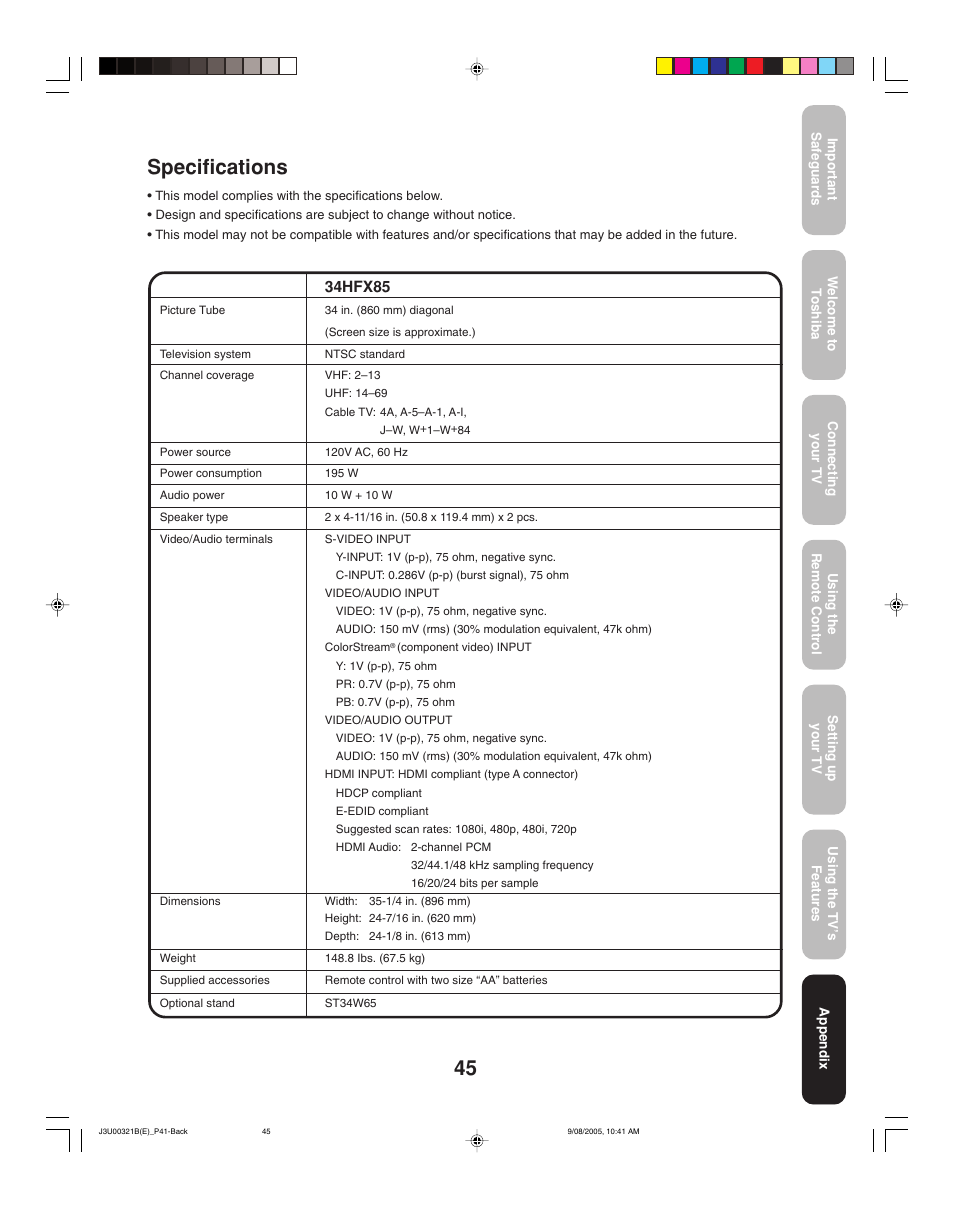 Specifications, 34hfx85 | Toshiba 34HFX85 User Manual | Page 45 / 48