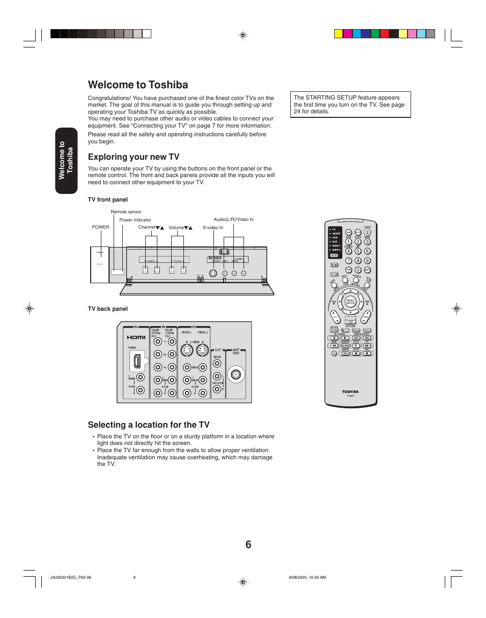 Welcome to toshiba, Selecting a location for the tv, Exploring your new tv | Toshiba 34HFX85 User Manual | Page 6 / 48