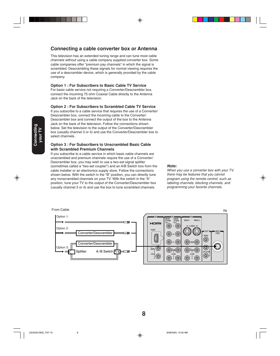 Connecting a cable converter box or antenna | Toshiba 34HFX85 User Manual | Page 8 / 48