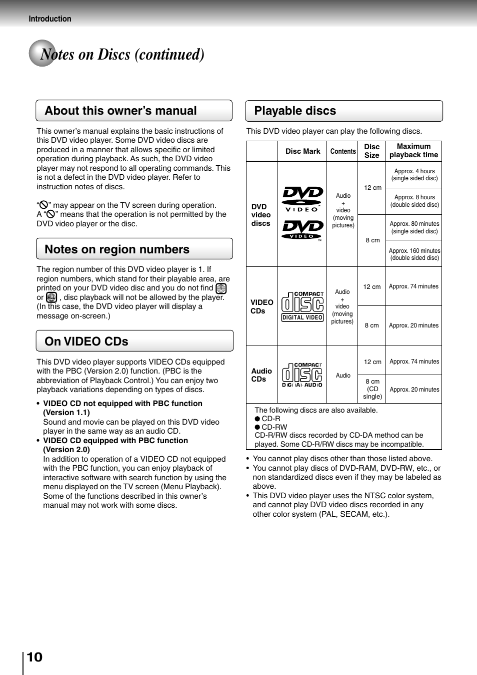 About this owner’s manual, On video cds, Playable discs | Toshiba SD-2710 User Manual | Page 10 / 50