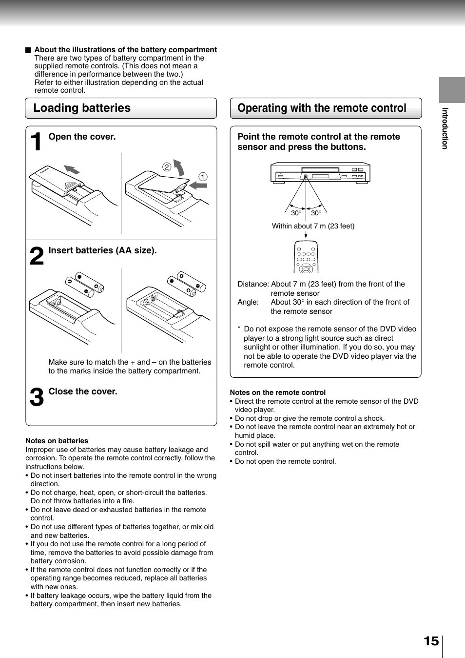 Operating with the remote control, Loading batteries | Toshiba SD-2710 User Manual | Page 15 / 50