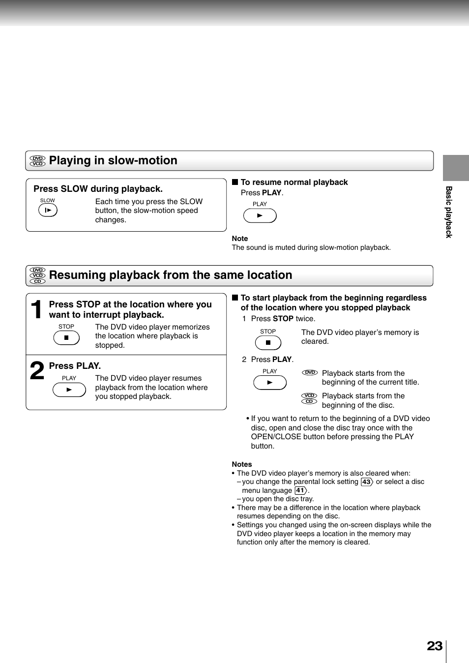 Playing in slow-motion, Resuming playback from the same location | Toshiba SD-2710 User Manual | Page 23 / 50