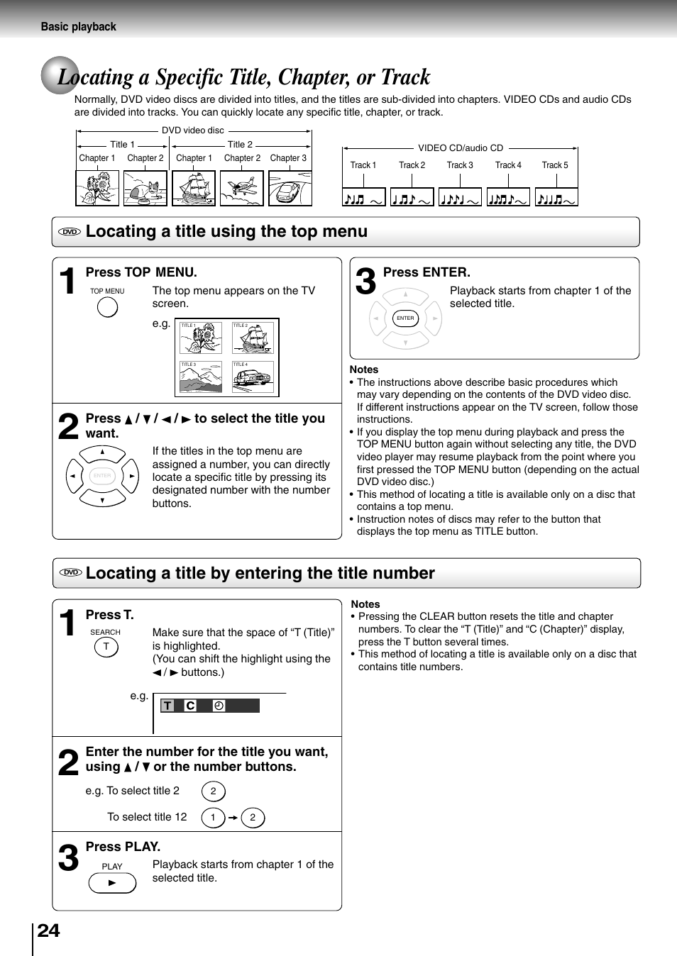 Locating a specific title, chapter, or track, Locating a title using the top menu, Locating a title by entering the title number | Toshiba SD-2710 User Manual | Page 24 / 50