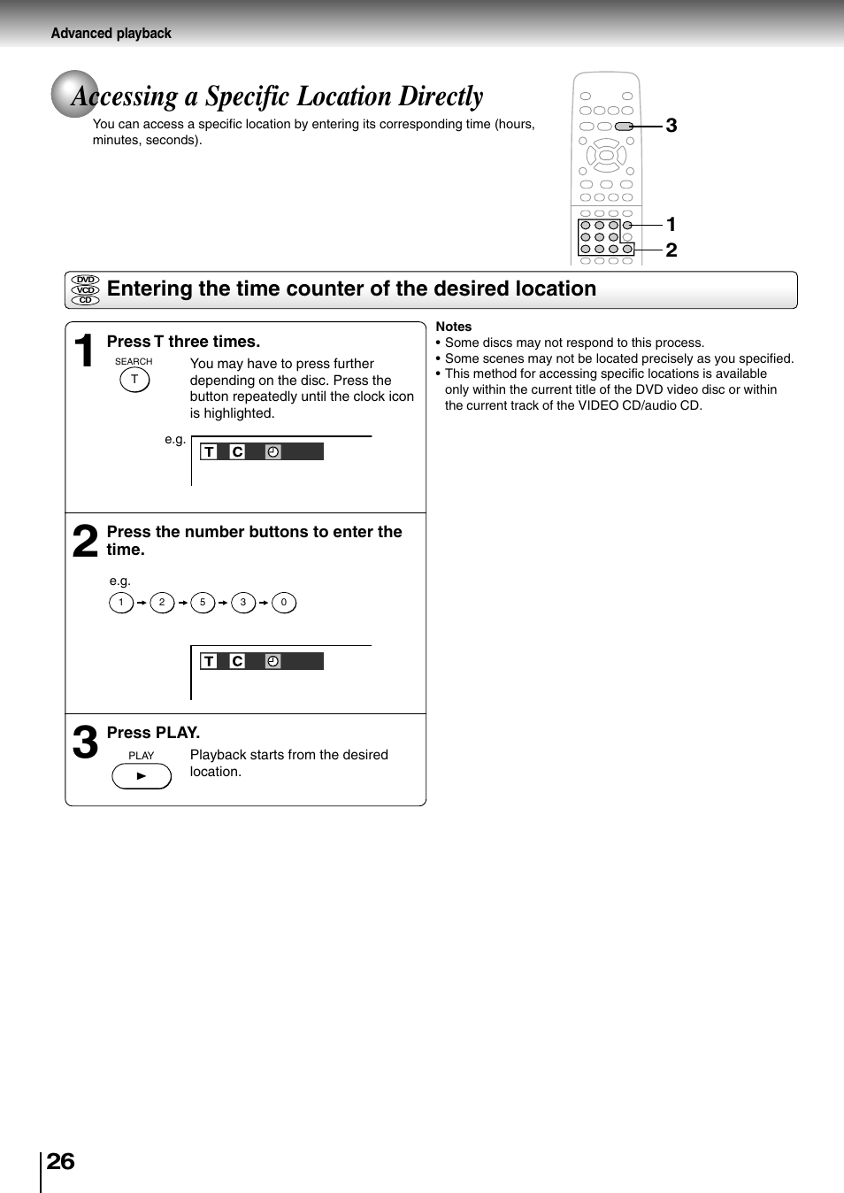 Advanced playback, Accessing a specific location directly, Entering the time counter of the desired location | Toshiba SD-2710 User Manual | Page 26 / 50