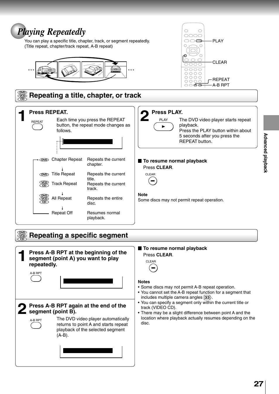 Playing repeatedly, Repeating a title, chapter, or track, Repeating a specific segment | Toshiba SD-2710 User Manual | Page 27 / 50