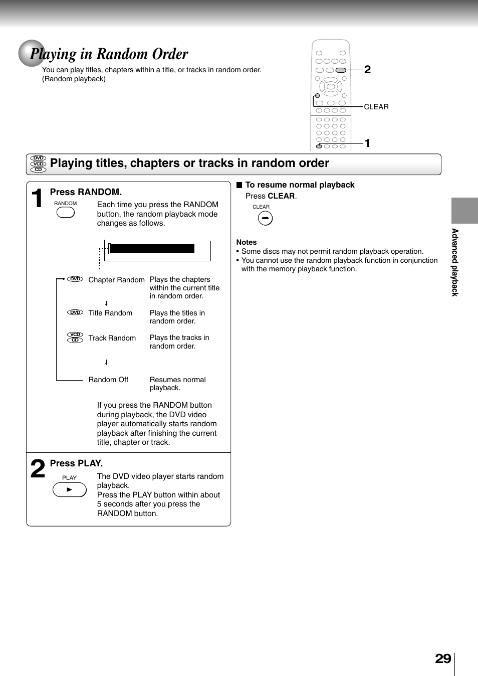 Playing in random order, Playing titles, chapters or tracks in random order | Toshiba SD-2710 User Manual | Page 29 / 50