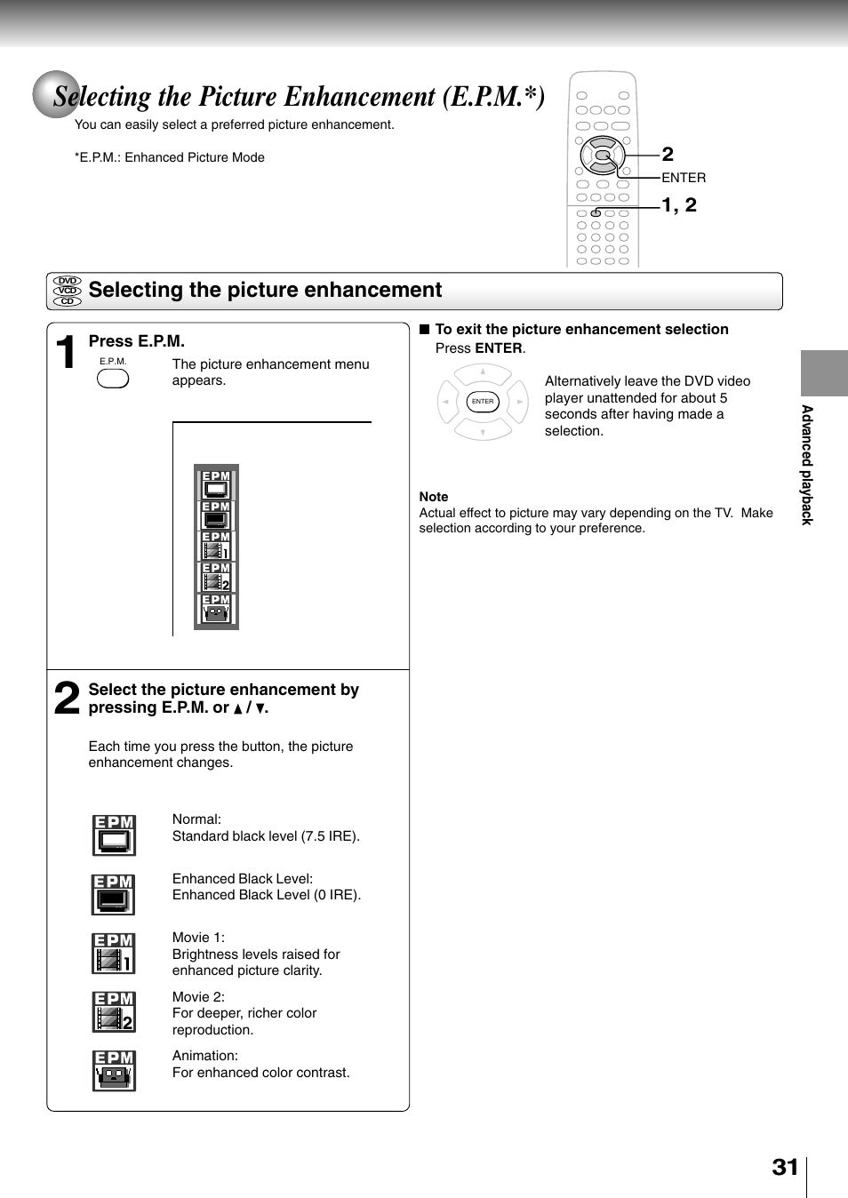 Selecting the picture enhancement, Selecting the picture enhancement (e.p.m.*) | Toshiba SD-2710 User Manual | Page 31 / 50