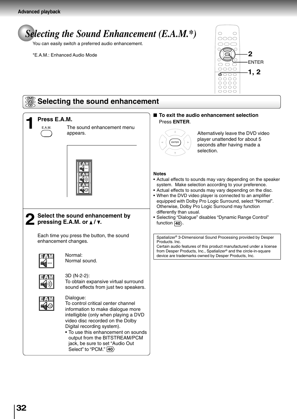 Selecting the sound enhancement (e.a.m.*), Selecting the sound enhancement | Toshiba SD-2710 User Manual | Page 32 / 50