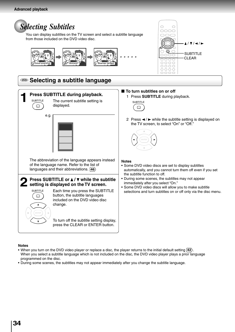 Selecting subtitles, Selecting a subtitle language | Toshiba SD-2710 User Manual | Page 34 / 50