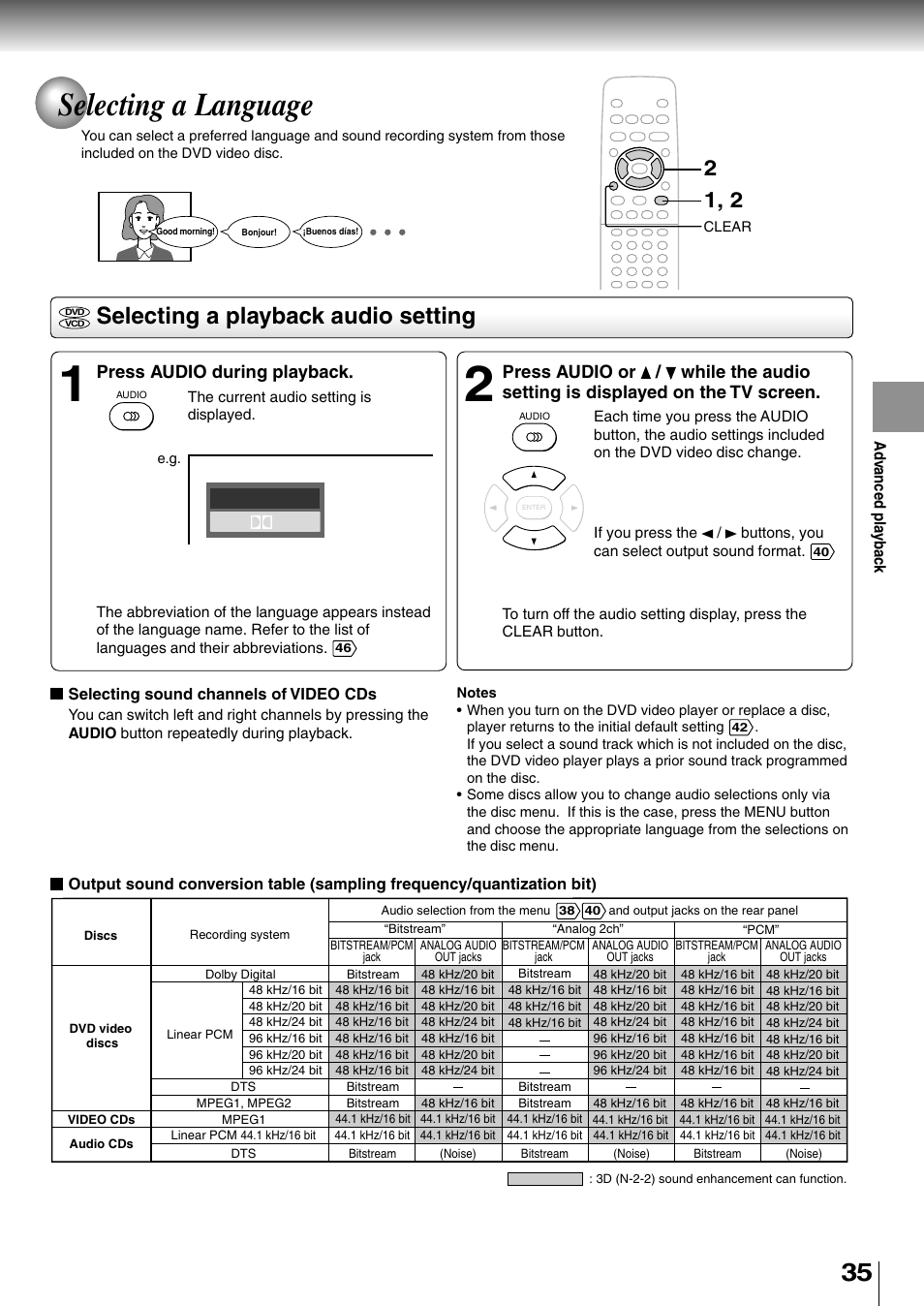 Selecting a language, Selecting a playback audio setting, Press audio during playback | Toshiba SD-2710 User Manual | Page 35 / 50