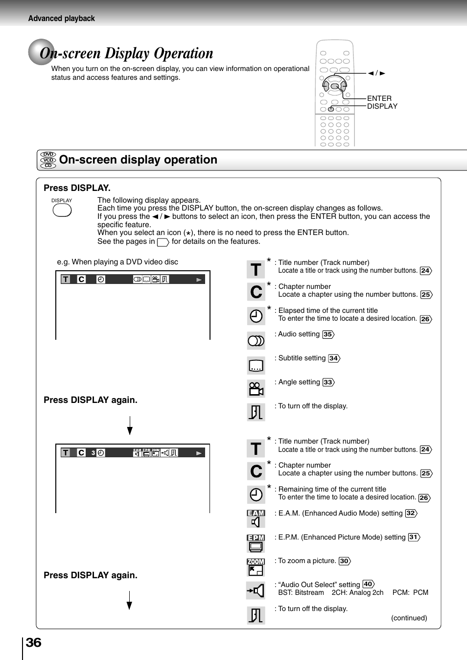 On-screen display operation | Toshiba SD-2710 User Manual | Page 36 / 50