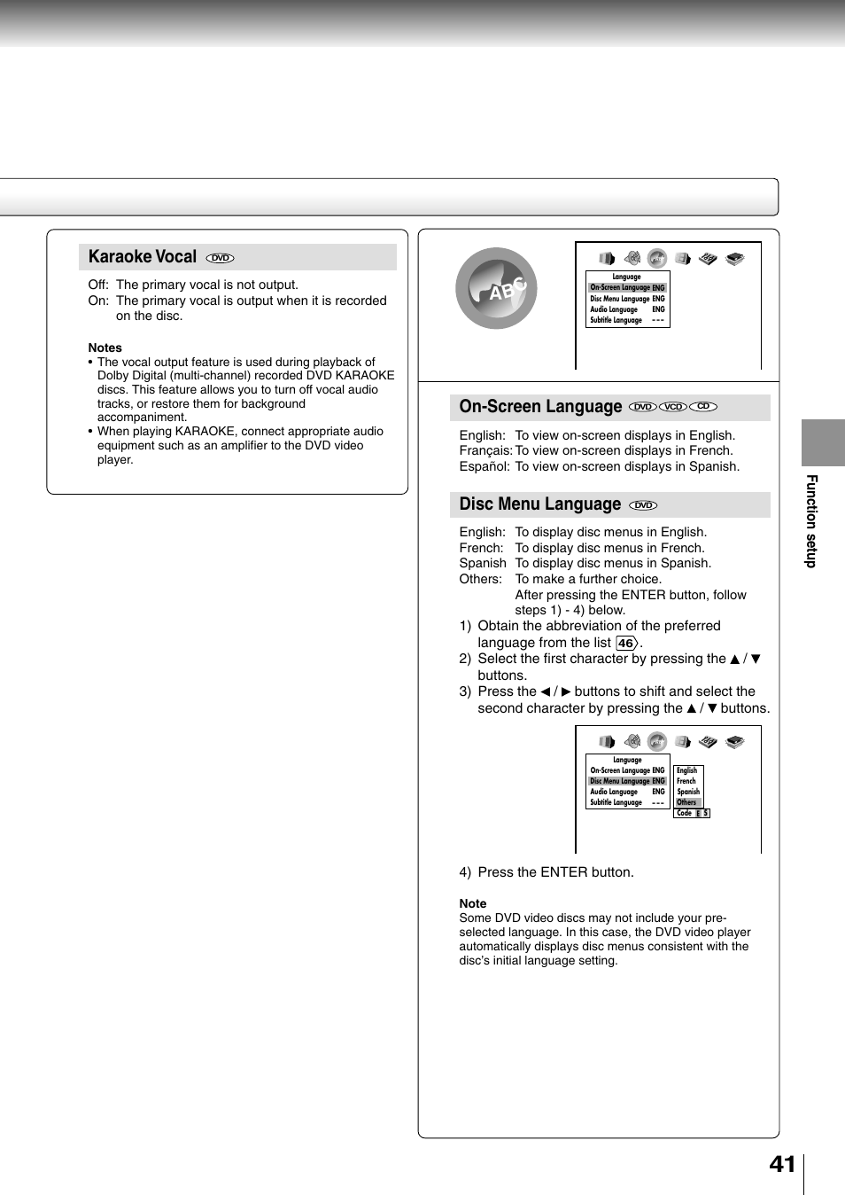 Karaoke vocal, On-screen language, Disc menu language | Ab c, Function setup | Toshiba SD-2710 User Manual | Page 41 / 50