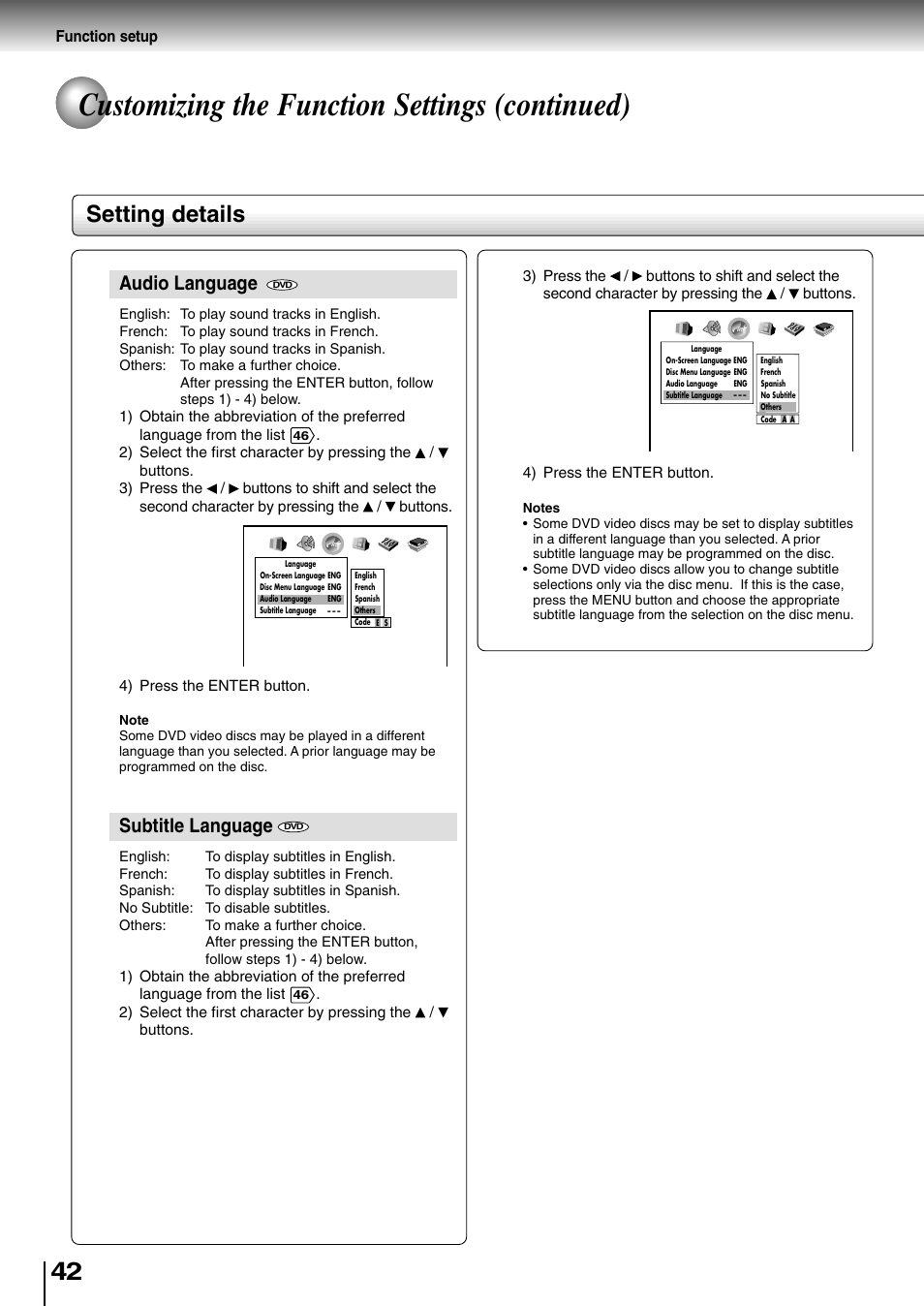 Customizing the function settings (continued), Setting details, Audio language | Subtitle language | Toshiba SD-2710 User Manual | Page 42 / 50