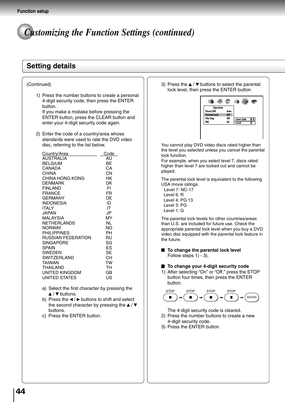 Customizing the function settings (continued), Setting details | Toshiba SD-2710 User Manual | Page 44 / 50