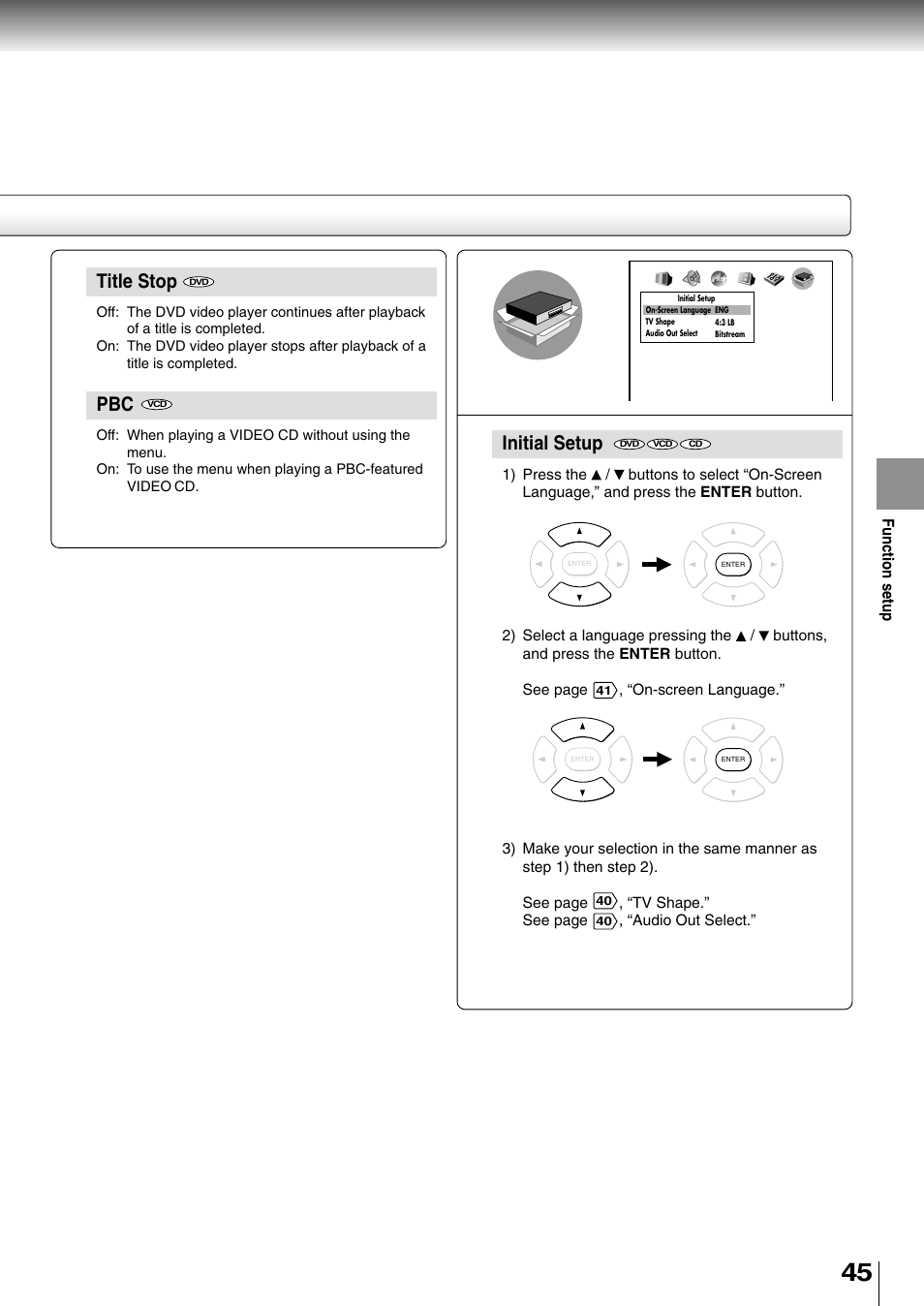 Title stop, Initial setup | Toshiba SD-2710 User Manual | Page 45 / 50