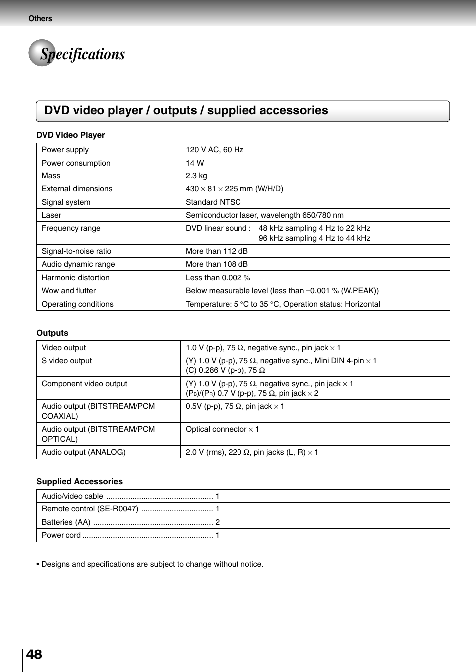 Specifications, Dvd video player / outputs / supplied accessories | Toshiba SD-2710 User Manual | Page 48 / 50