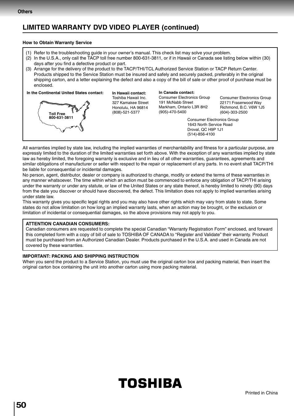 Limited warranty dvd video player (continued) | Toshiba SD-2710 User Manual | Page 50 / 50