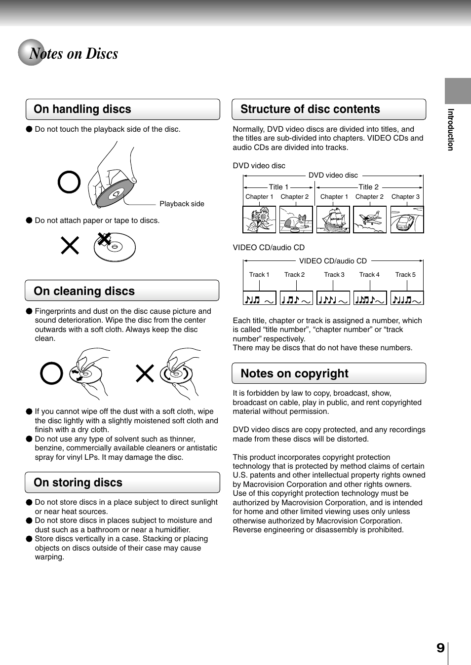 Notes on discs, On handling discs, On cleaning discs | On storing discs, Structure of disc contents | Toshiba SD-2710 User Manual | Page 9 / 50