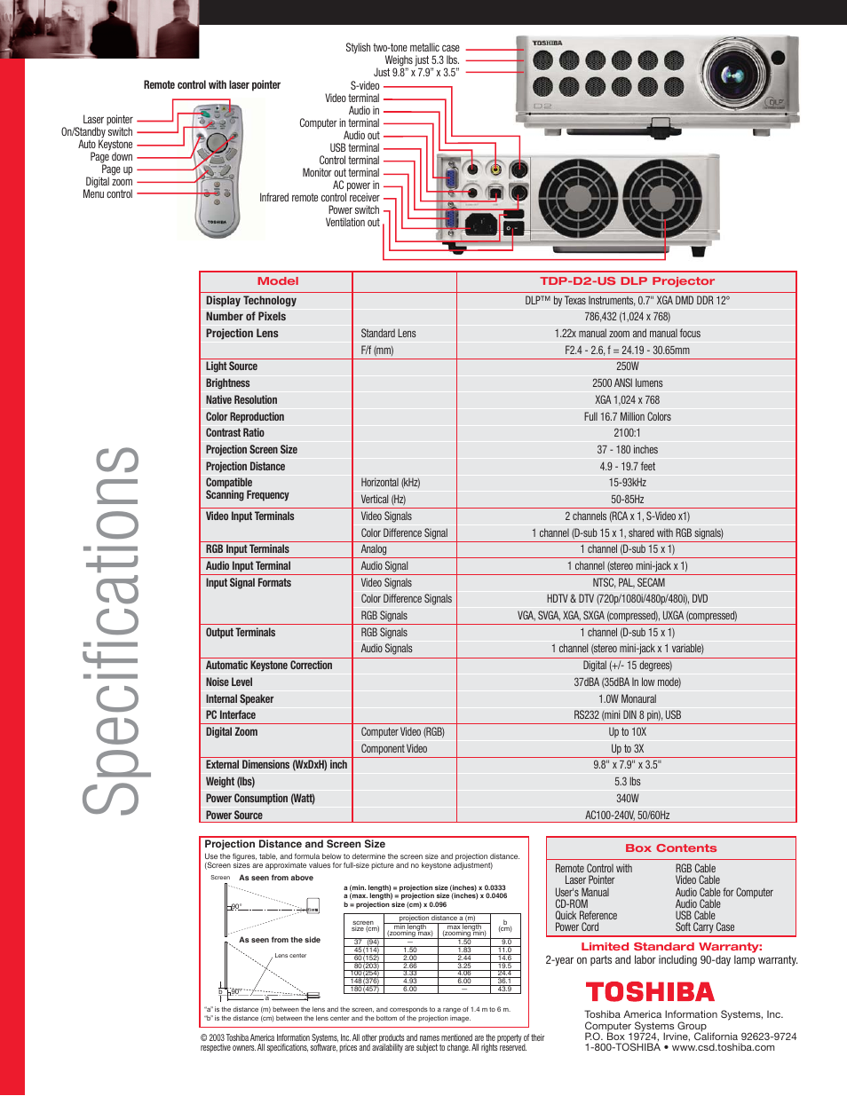 Specifications | Toshiba TDP-D2-US User Manual | Page 2 / 2