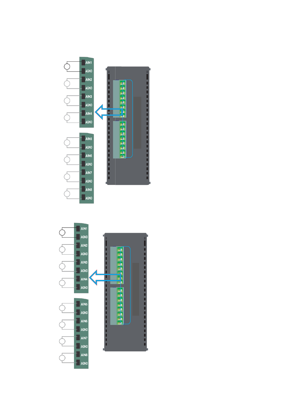 Wiring diagram of input connection for gad208**s, Voltage mode connections, Current mode connections | Toshiba Programmable Logic Controller V200 User Manual | Page 52 / 140