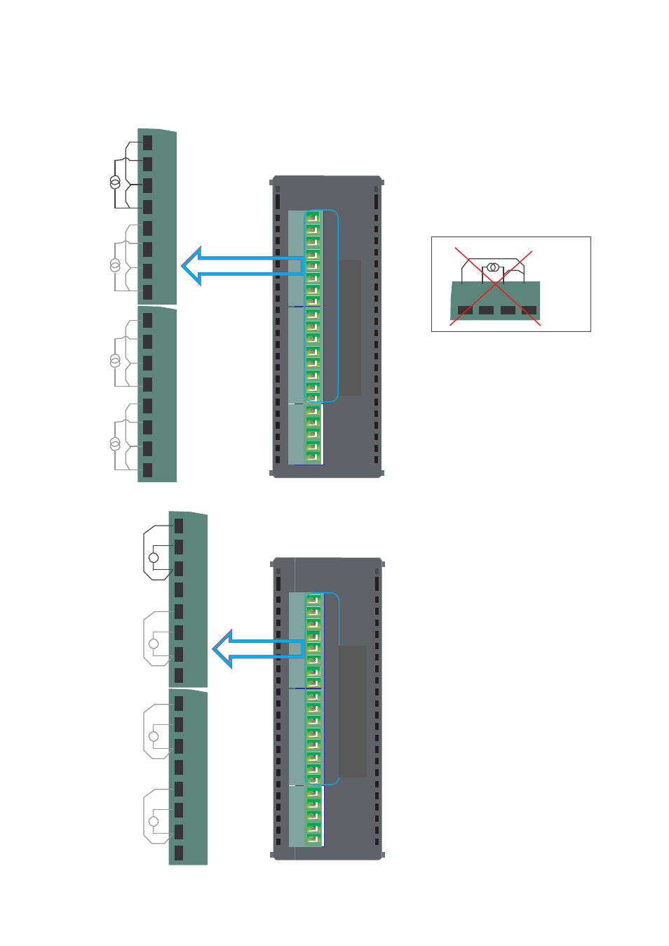 Wiring diagram of input connection for gaa242**s, Current input connection diagram, Voltage and mv input connection diagram | Toshiba Programmable Logic Controller V200 User Manual | Page 58 / 140