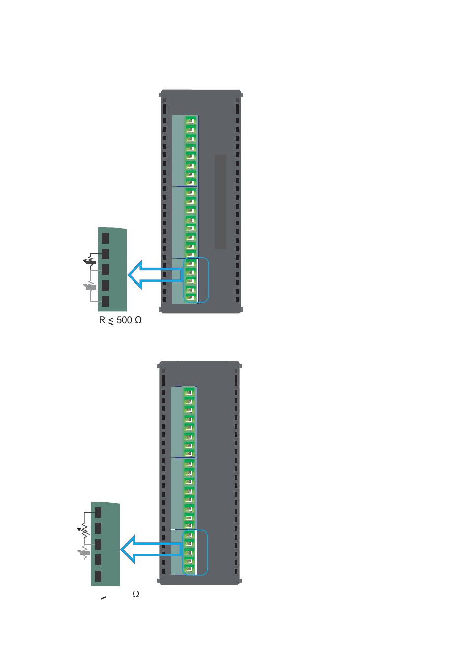 R < 500 ω, R > 1000 ω, Wiring diagram of output connection for gaa242**s | Current output connection diagram, Iout, Voltage output connection diagram, Vout | Toshiba Programmable Logic Controller V200 User Manual | Page 60 / 140