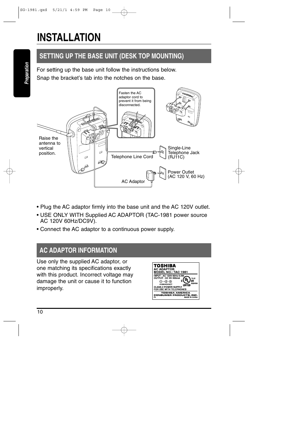 Installation, Setting up the base unit / ac adaptor, Setting up the base unit (desk top mounting) | Ac adaptor information | Toshiba SG-1981 User Manual | Page 10 / 55