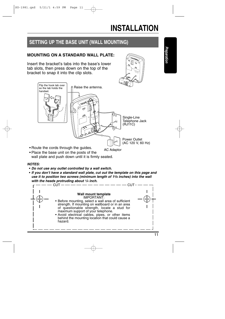 Installation, Setting up the base unit (wall mounting) | Toshiba SG-1981 User Manual | Page 11 / 55