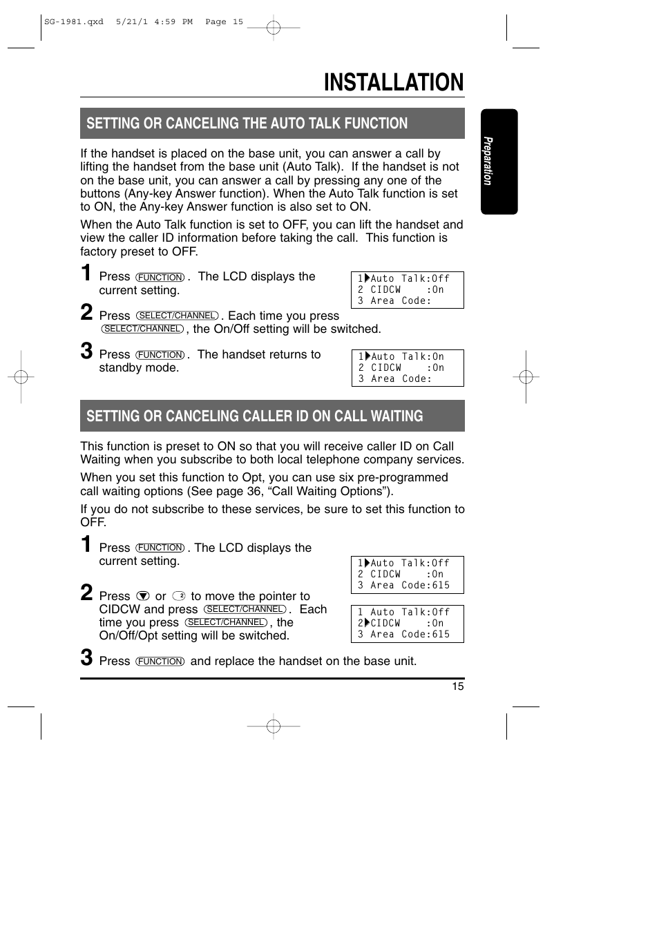 Installation, Setting or canceling the auto talk function, Setting or canceling caller id on call waiting | Toshiba SG-1981 User Manual | Page 15 / 55