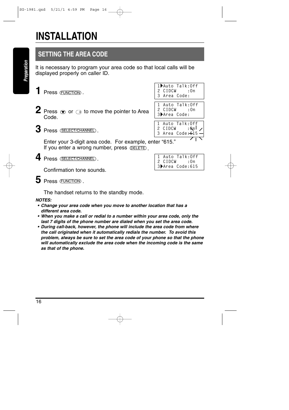 Setting the area code, Installation | Toshiba SG-1981 User Manual | Page 16 / 55