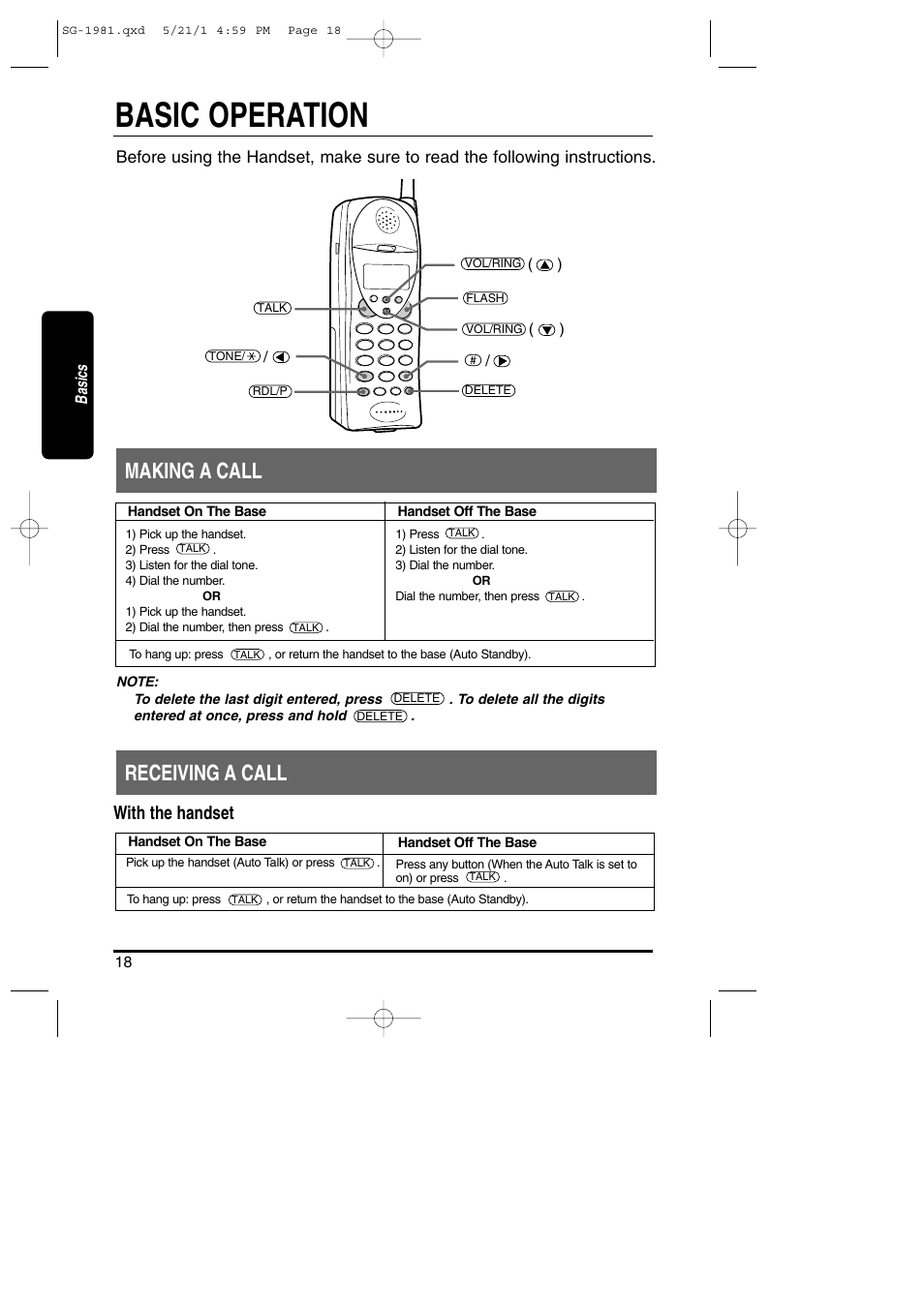 Basics, Basic operation, Making / receiving a call | Making a call receiving a call, With the handset | Toshiba SG-1981 User Manual | Page 18 / 55