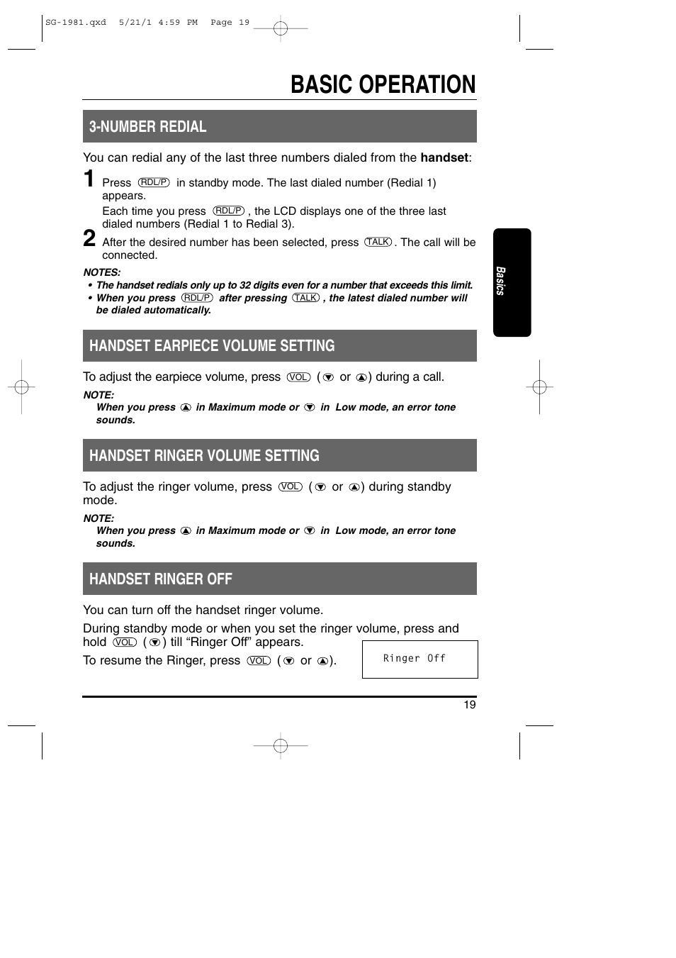 Number redial / volume setting, Basic operation, Number redial | Handset earpiece volume setting, Handset ringer volume setting, Handset ringer off | Toshiba SG-1981 User Manual | Page 19 / 55