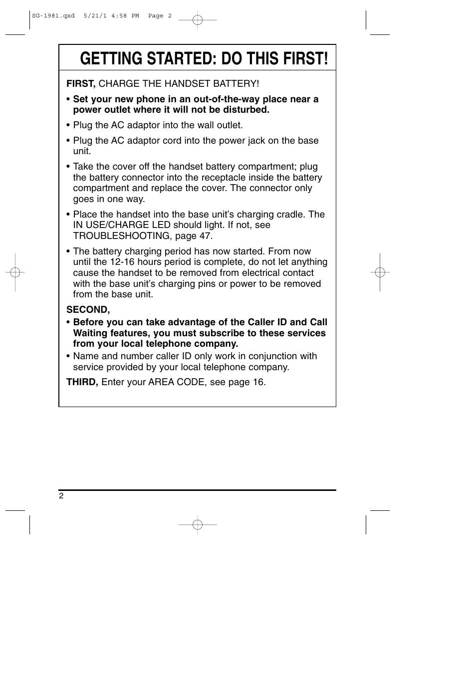 Getting started, Getting started: do this first | Toshiba SG-1981 User Manual | Page 2 / 55