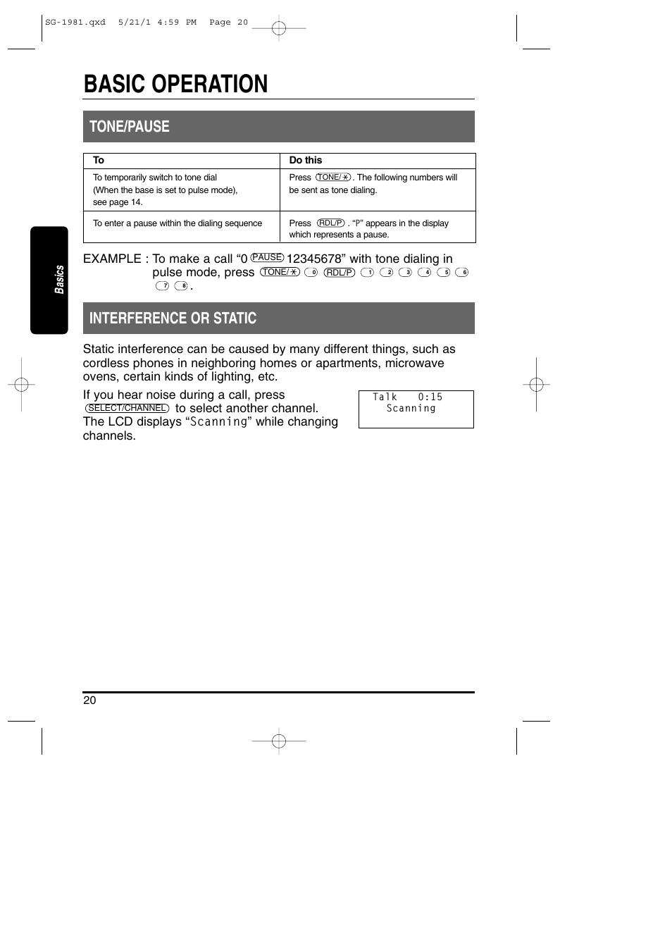 Tone/pause - interference or static, Basic operation, Tone/pause | Interference or static, Basics | Toshiba SG-1981 User Manual | Page 20 / 55