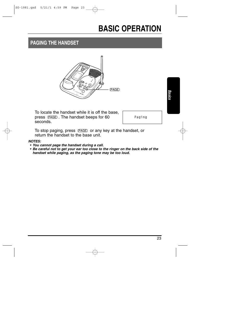 Paging the handset, Basic operation | Toshiba SG-1981 User Manual | Page 23 / 55