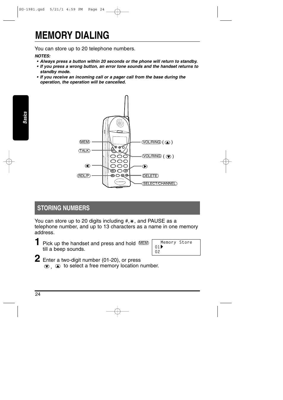 Memory dialing, Storing numbers | Toshiba SG-1981 User Manual | Page 24 / 55