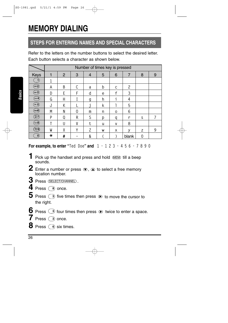 Entering names and special characters, Steps for entering names and special characters | Toshiba SG-1981 User Manual | Page 26 / 55