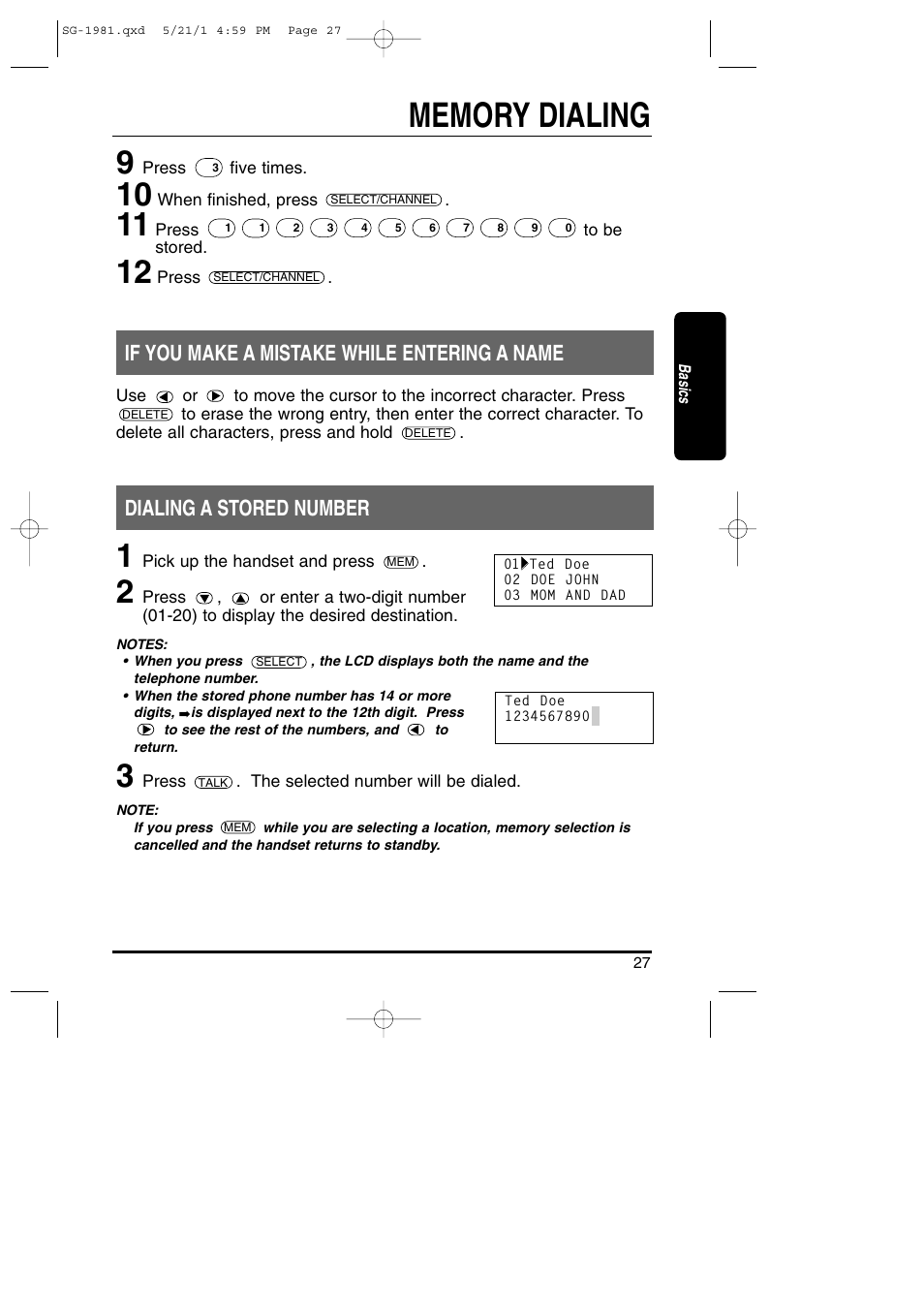 Dialing a stored number, If you make a mistake while entering a name | Toshiba SG-1981 User Manual | Page 27 / 55