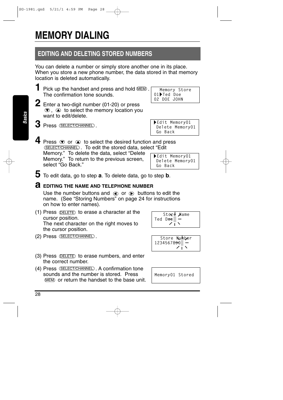 Editing and deleting a stored number, Editing and deleting stored numbers | Toshiba SG-1981 User Manual | Page 28 / 55