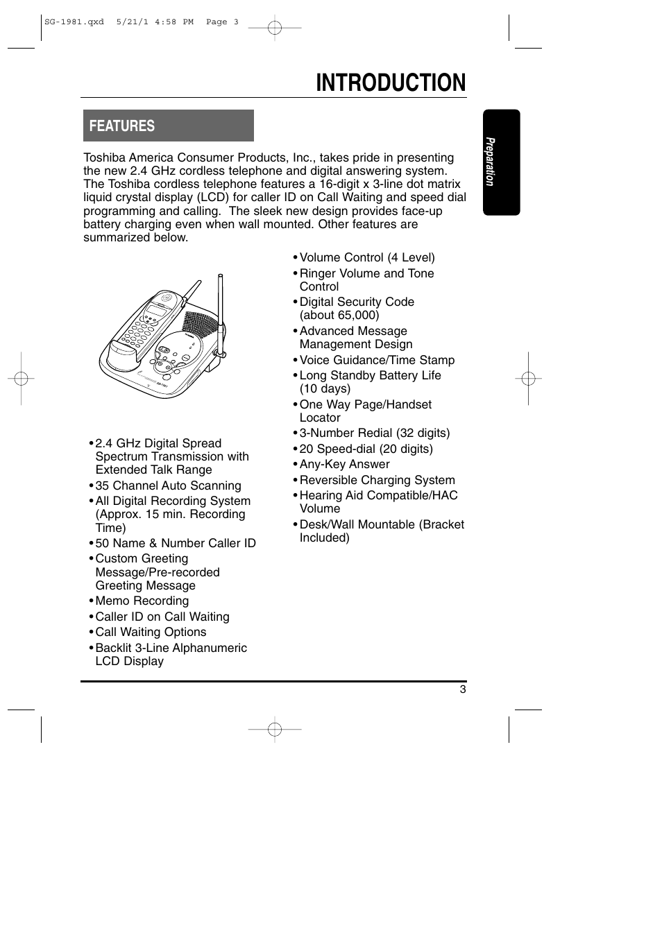 Preparation, Introduction / features, Introduction | Features | Toshiba SG-1981 User Manual | Page 3 / 55