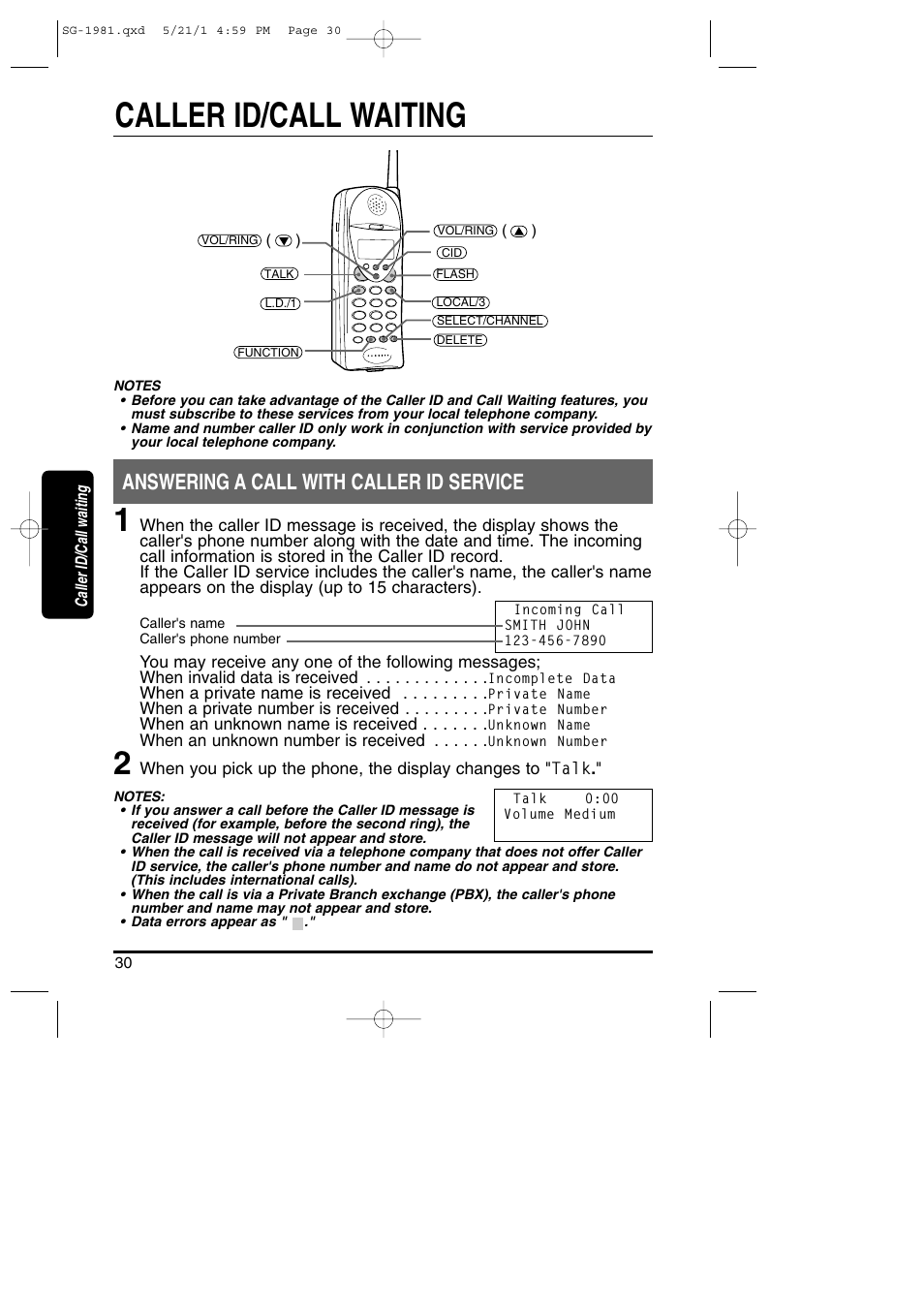 Caller id/call waiting, Answering a call with caller id service | Toshiba SG-1981 User Manual | Page 30 / 55