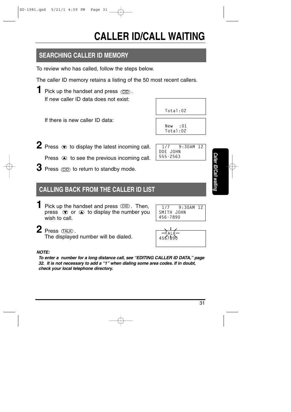 Caller id/call waiting, Calling back from the caller id list | Toshiba SG-1981 User Manual | Page 31 / 55