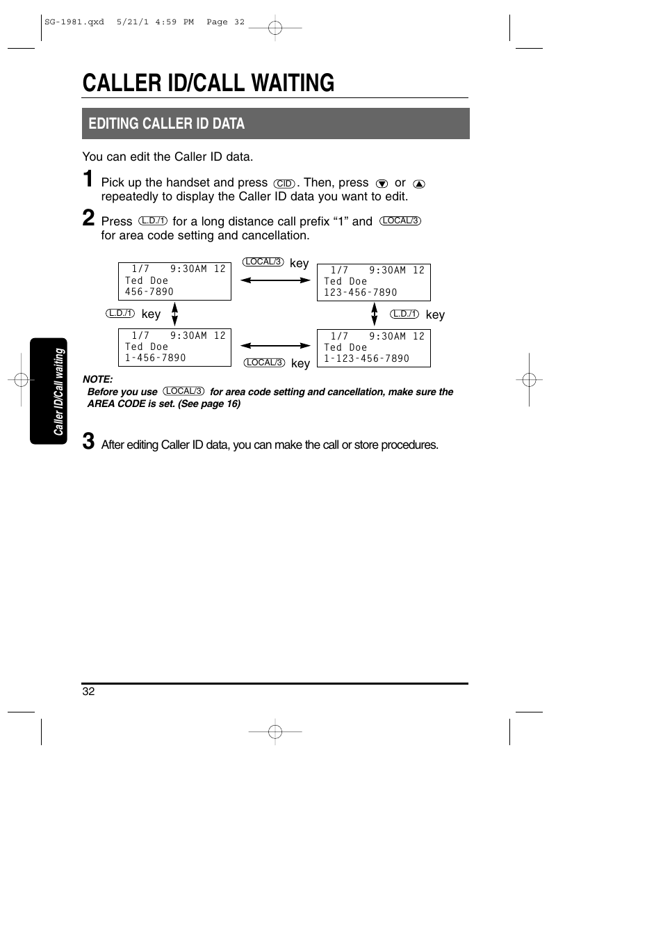 Editing caller id data, Caller id/call waiting | Toshiba SG-1981 User Manual | Page 32 / 55