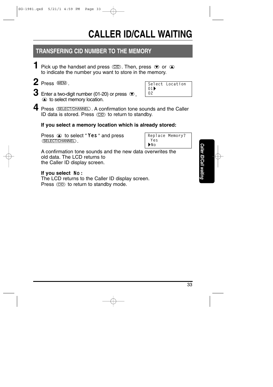 Transfering cid number to memory, Caller id/call waiting | Toshiba SG-1981 User Manual | Page 33 / 55