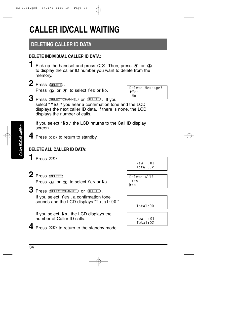 Deleting caller id data, Caller id/call waiting | Toshiba SG-1981 User Manual | Page 34 / 55