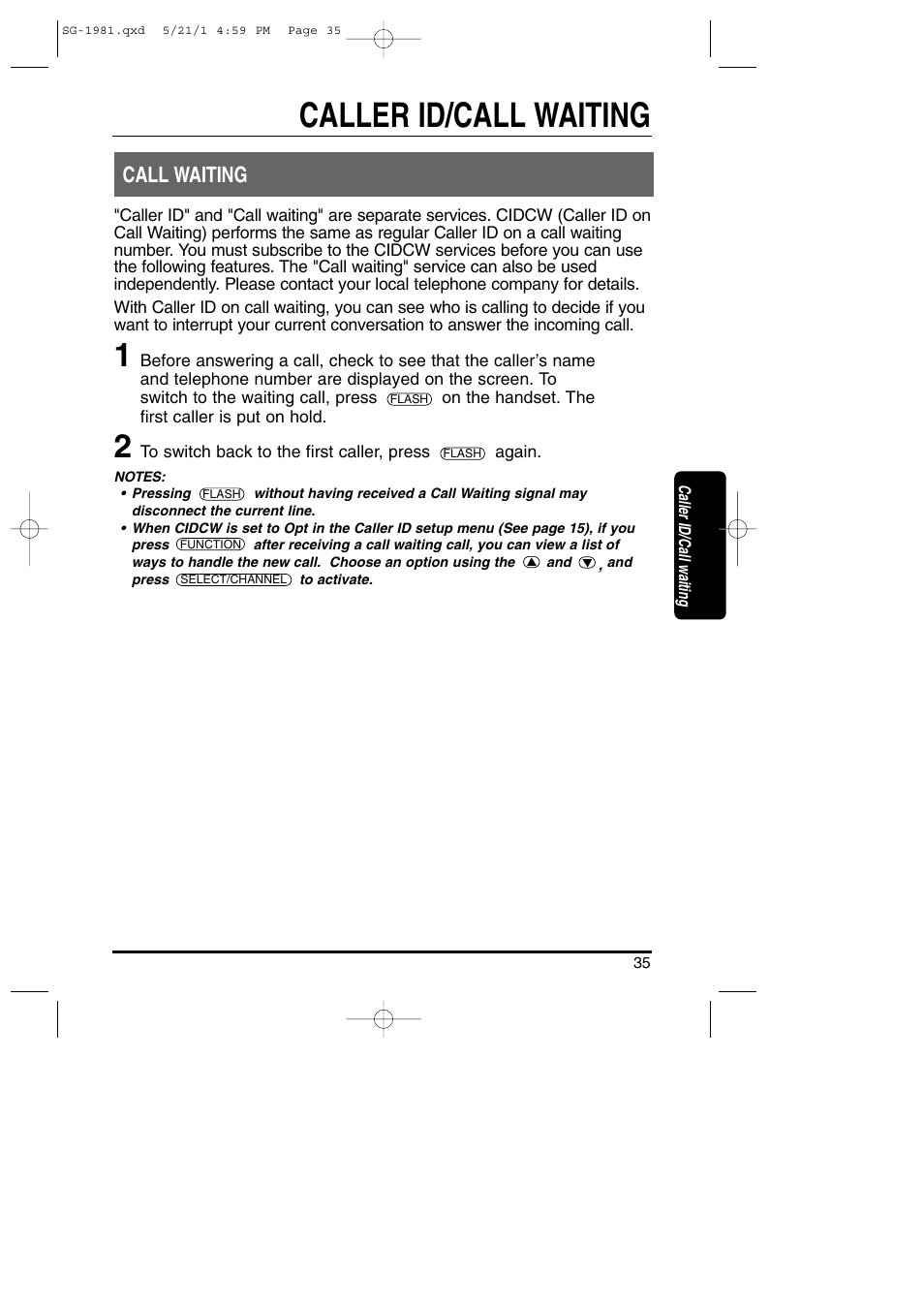 Call waiting, Caller id/call waiting | Toshiba SG-1981 User Manual | Page 35 / 55