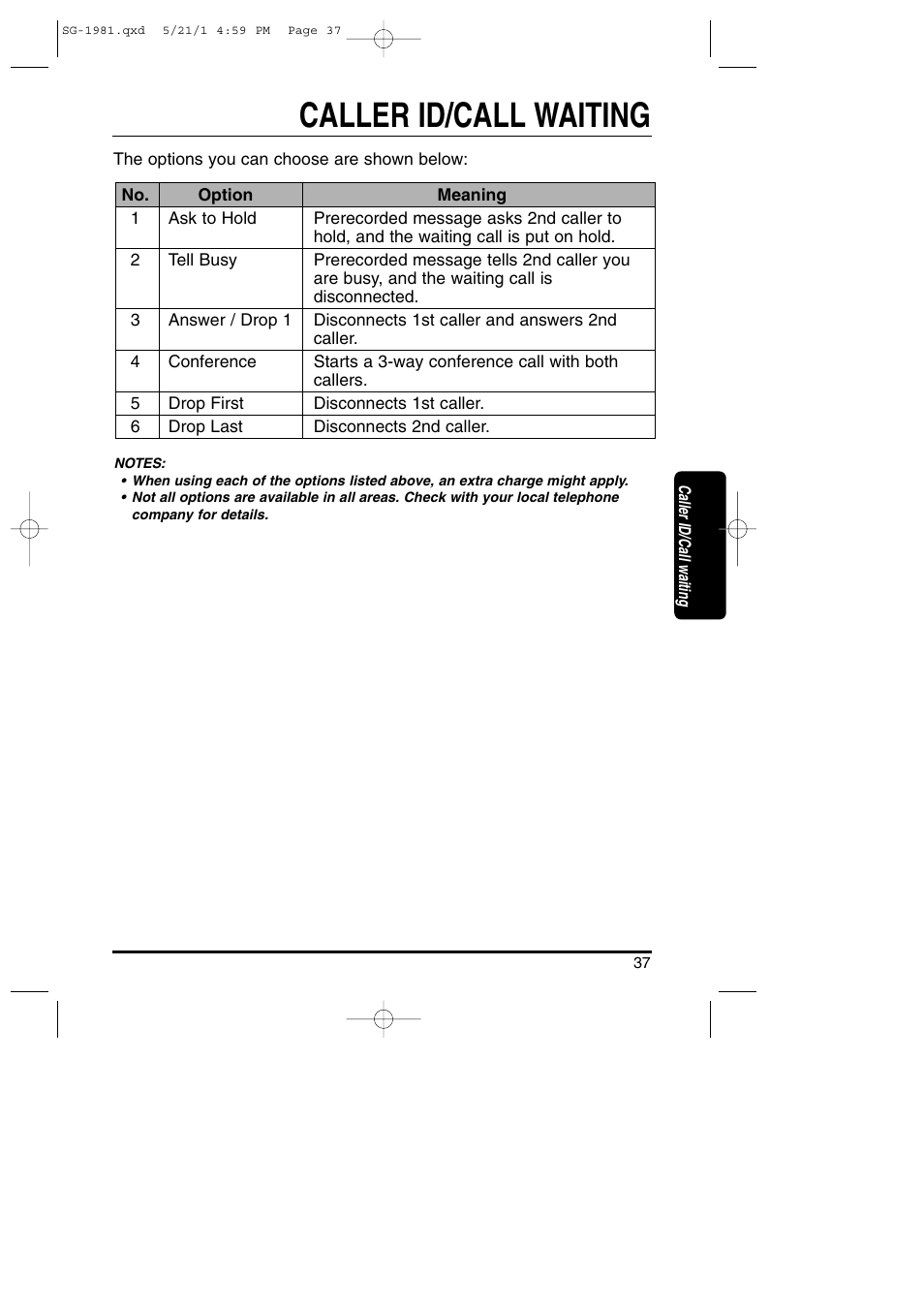 Caller id/call waiting | Toshiba SG-1981 User Manual | Page 37 / 55