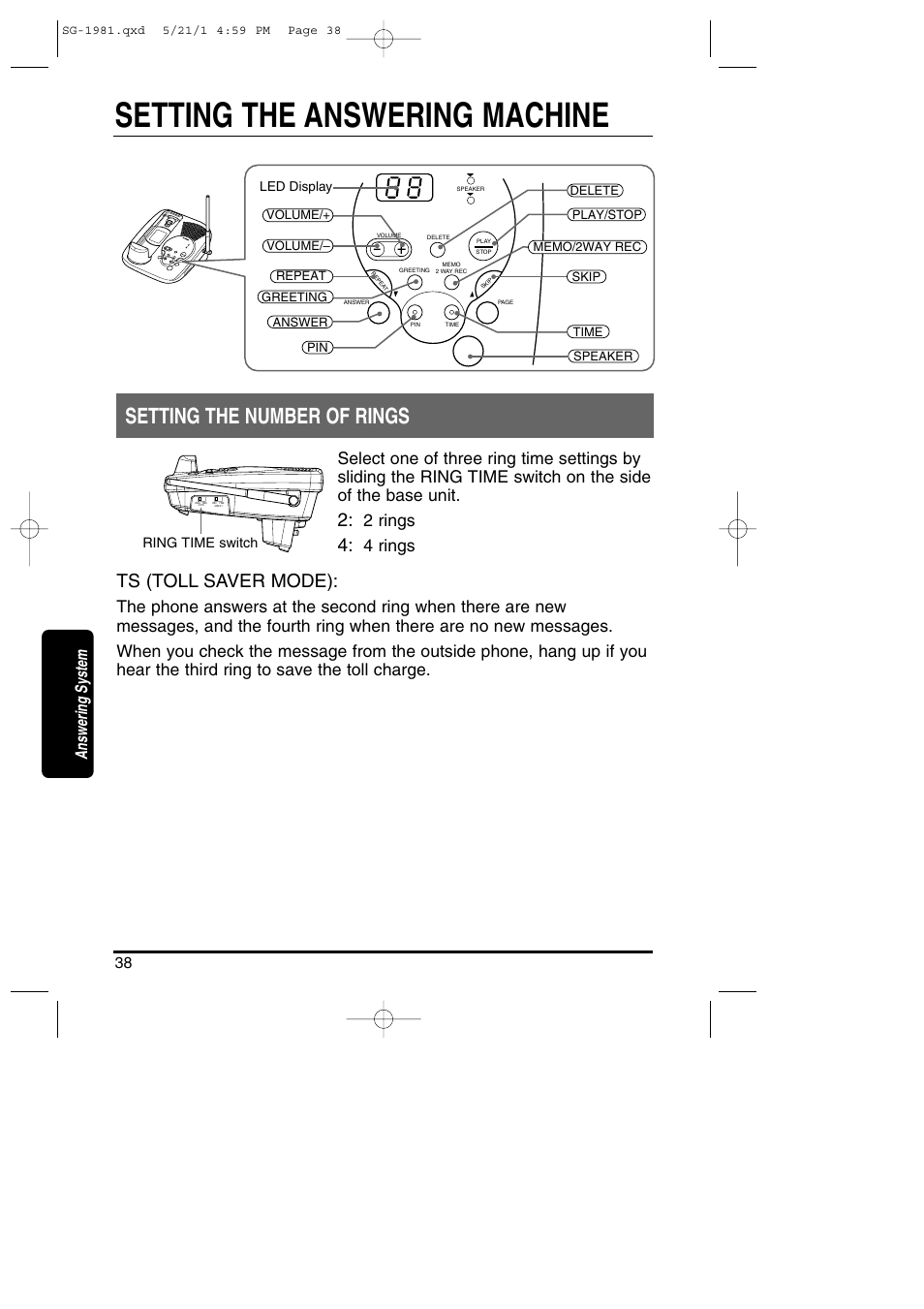 Answering system, Setting the answering machine, Setting number of rings | Setting the number of rings, Ts (toll saver mode), 2 rings, 4 rings, Ring time switch | Toshiba SG-1981 User Manual | Page 38 / 55