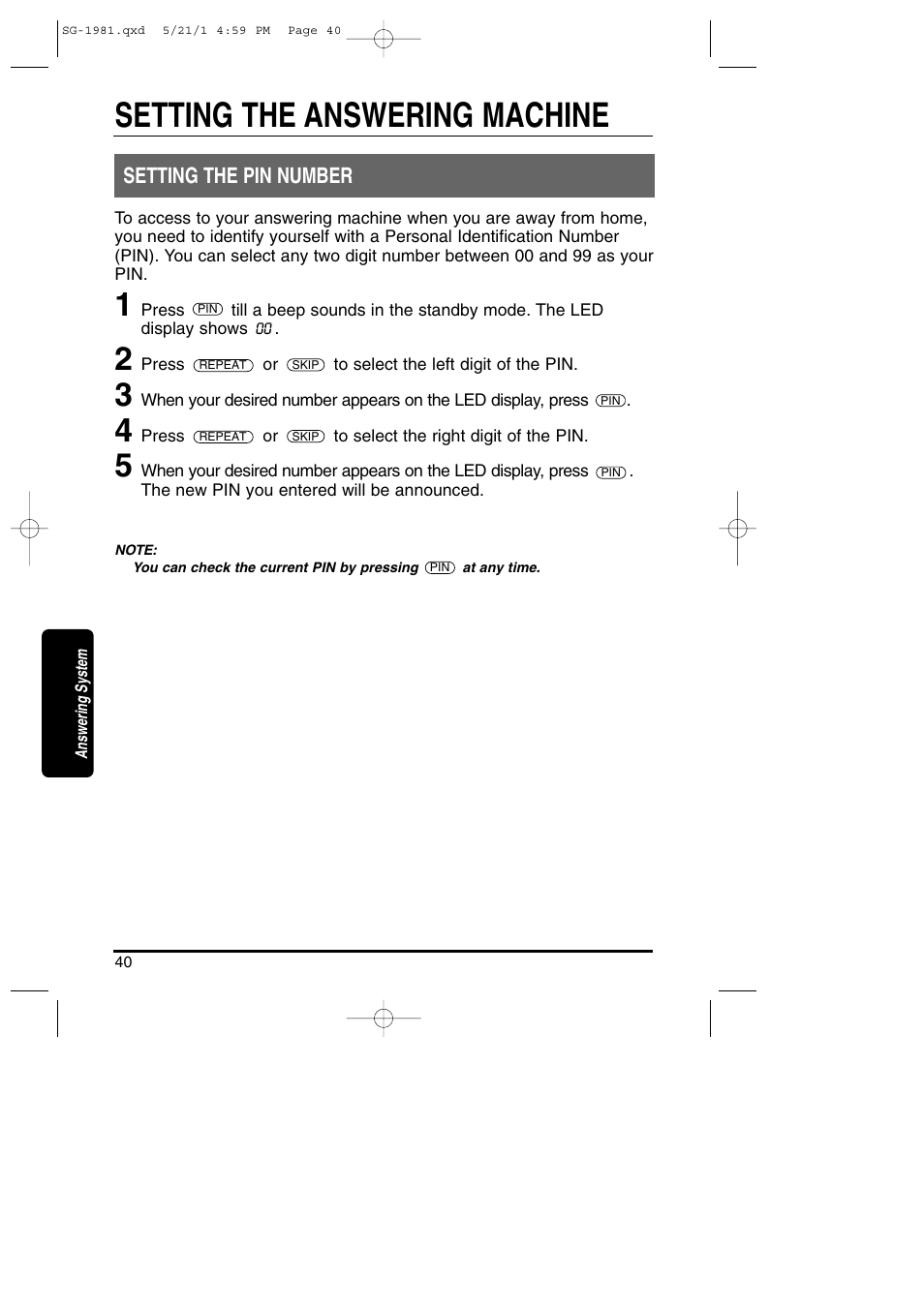 Setting the pin number, Setting the answering machine | Toshiba SG-1981 User Manual | Page 40 / 55