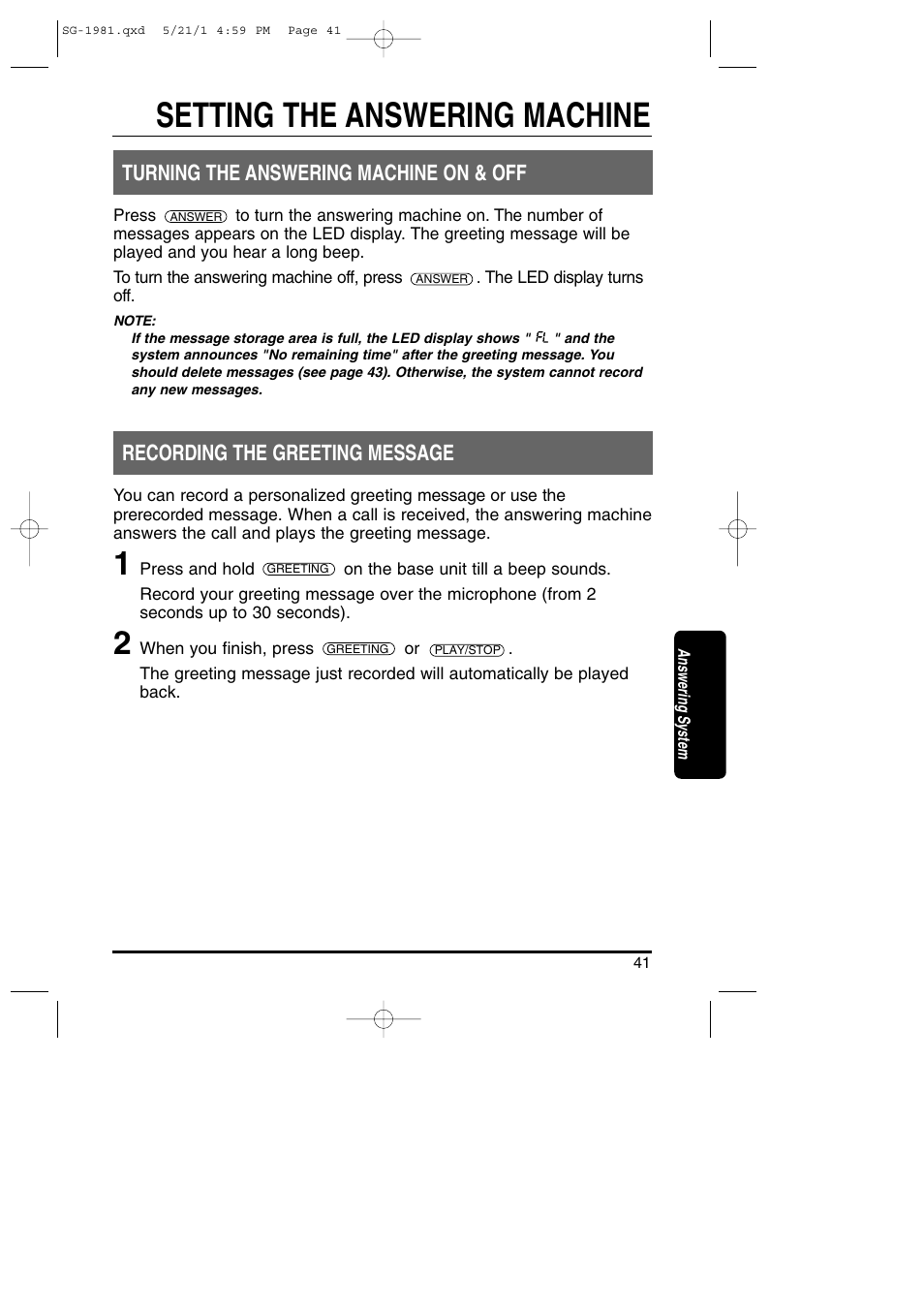 Setting the answering machine, Turning the answering machine on & off, Recording the greeting message | Toshiba SG-1981 User Manual | Page 41 / 55